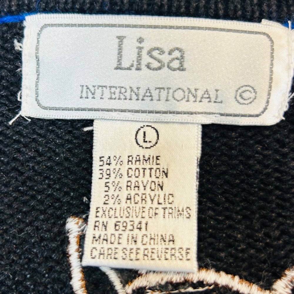 Lisa International Vintage Cat Patchwork Cardigan Blue Black Knit Sweater Large - Picture 2 of 5